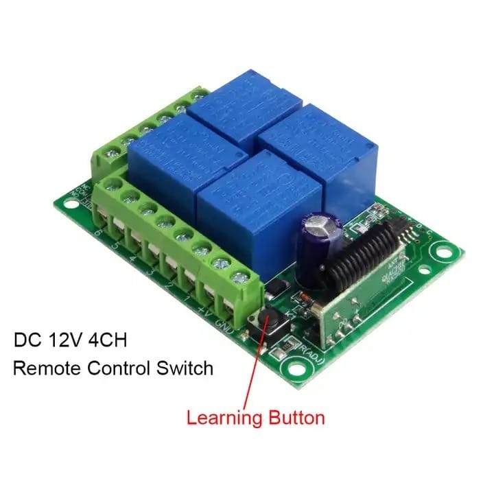 4-Channel 433MHz Wireless Remote Control Switch with Relay Module for 12V DC Applications